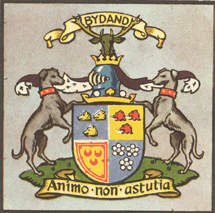Personal Arms of the Gordon Chief. Has a shield separated into quadrants, which a crown above it and a stag above that. There is a dog to the left and right of the shield. There is a banner above the stag that says Bydand, and a banner below everything that says Animo non astutia.