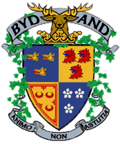 Gordon Crest and Coat of Arms has a shield in the center draped in ivy, with a stag top and center with a crown at the bottom of the stag. A banner at the top says Bydand, and a banner at the bottom says Animo Non Astutia.