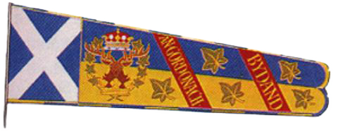 The Gordon Standard. It's a pennant shaped flag with the St. Andrew's Cross (white x on blue background) on the hoist. The fly the crest of the Marquis of Huntly and two sashes. One says AnGordonach. The second says Bydand.