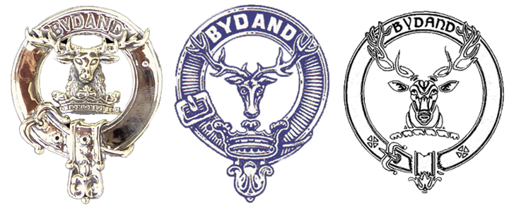 Three variations of the Gordon Clansman's Badge. The first is shiny metal rendering. The middle is a blue outline rendering. The third is a black and white drawing.