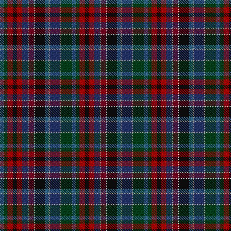 Gordon Red Tartan. Has horizontal and vertical stripes predominately of red and blue stripes with thin white stripes interspersed.