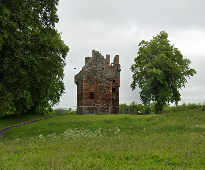 Greenknowe Tower with a fence surrounding it.