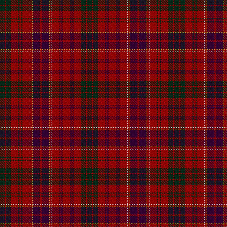 Huntly Tartan. Has vertical and horizontal stripes that alternate between red and black along with thin lines of white and yellow interspersed.