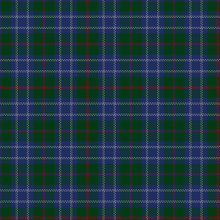 Roxburgh District Tartan. Has vertical and horizontal stripes alternating between blue and green with two pairs of thin white stripes running through the blue stripes, and a pair of thin red stripes running through the green.
